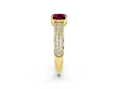 Yellow gold Cushion Cut Garnet Solitaire Ring with Three-Row Pavé Band and Four-Prong Setting_14