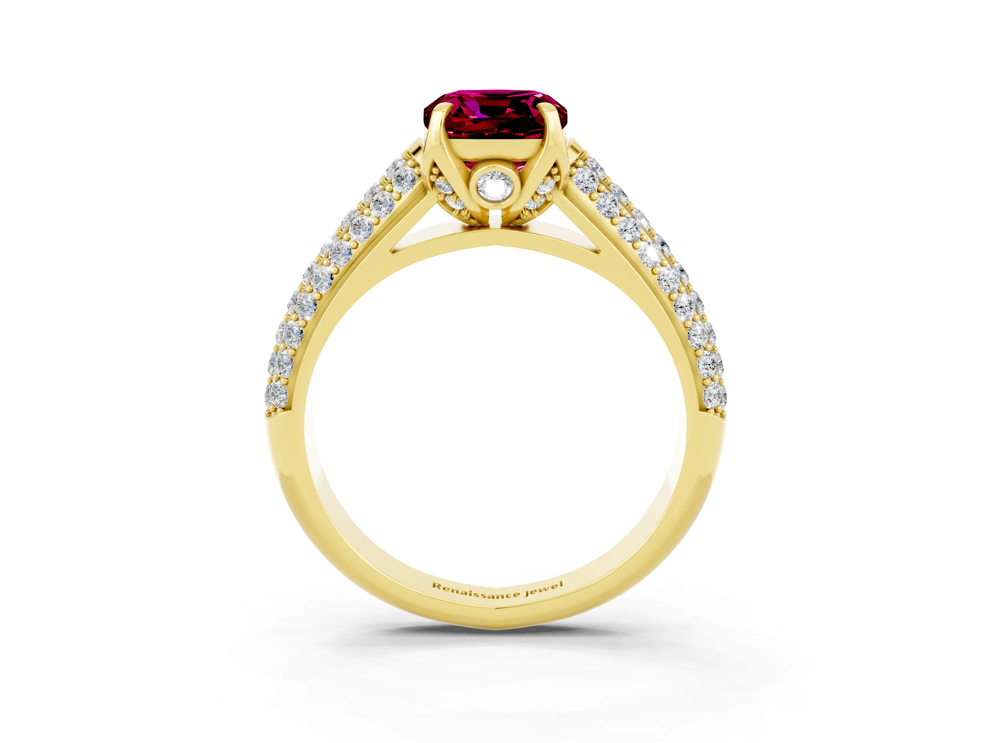 Yellow gold Cushion Cut Garnet Solitaire Ring with Three-Row Pavé Band and Four-Prong Setting_15