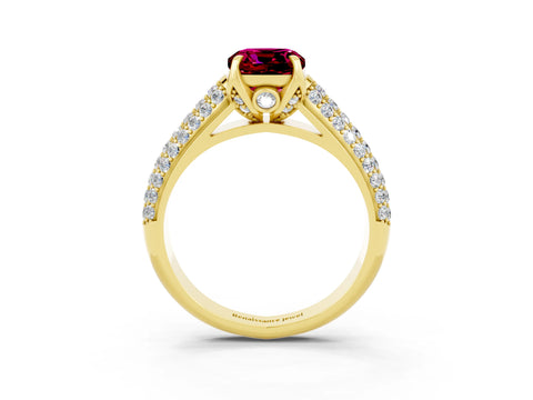 Yellow gold Cushion Cut Garnet Solitaire Ring with Three-Row Pavé Band and Four-Prong Setting_15
