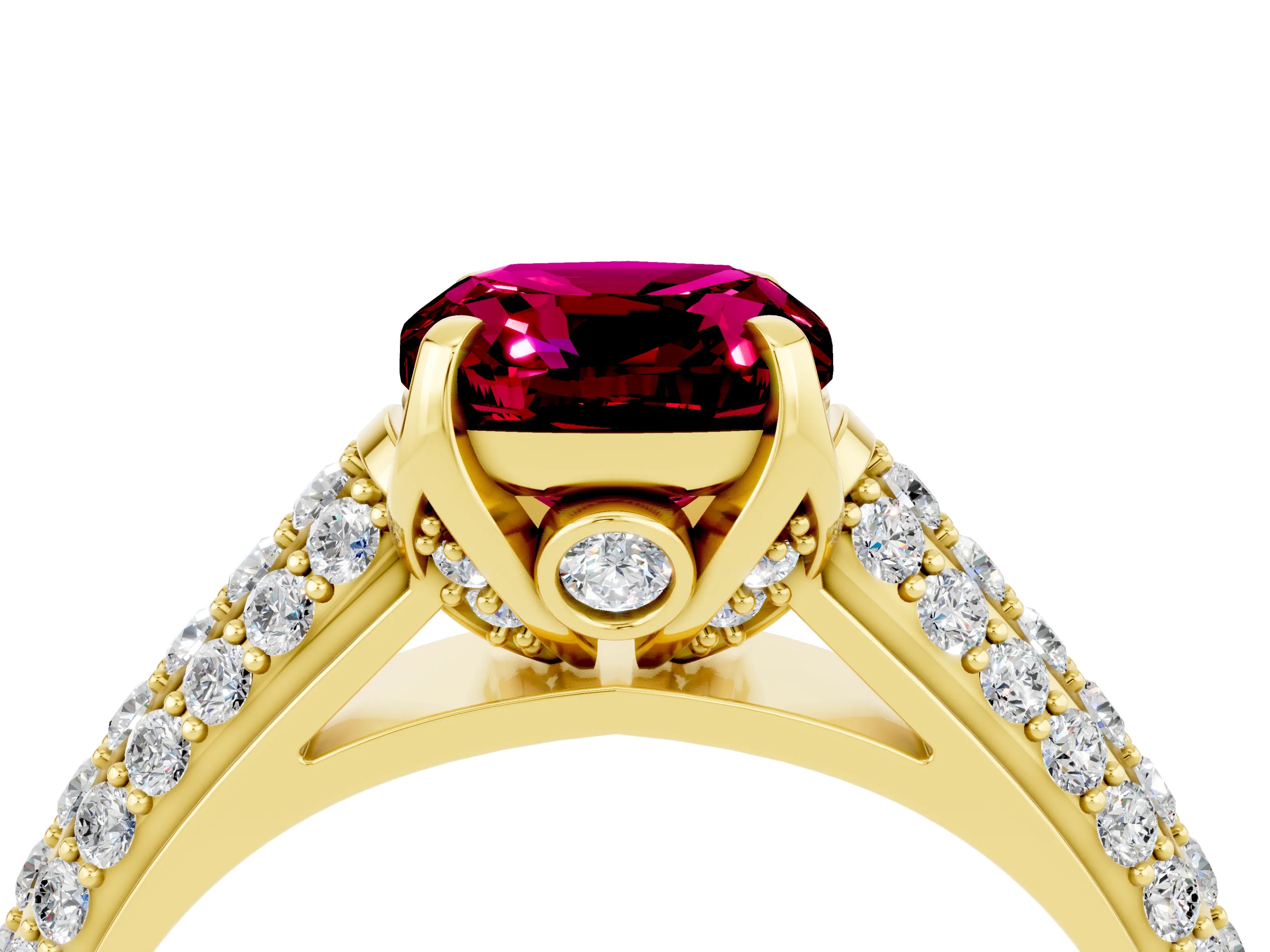 Yellow gold Cushion Cut Garnet Solitaire Ring with Three-Row Pavé Band and Four-Prong Setting_16