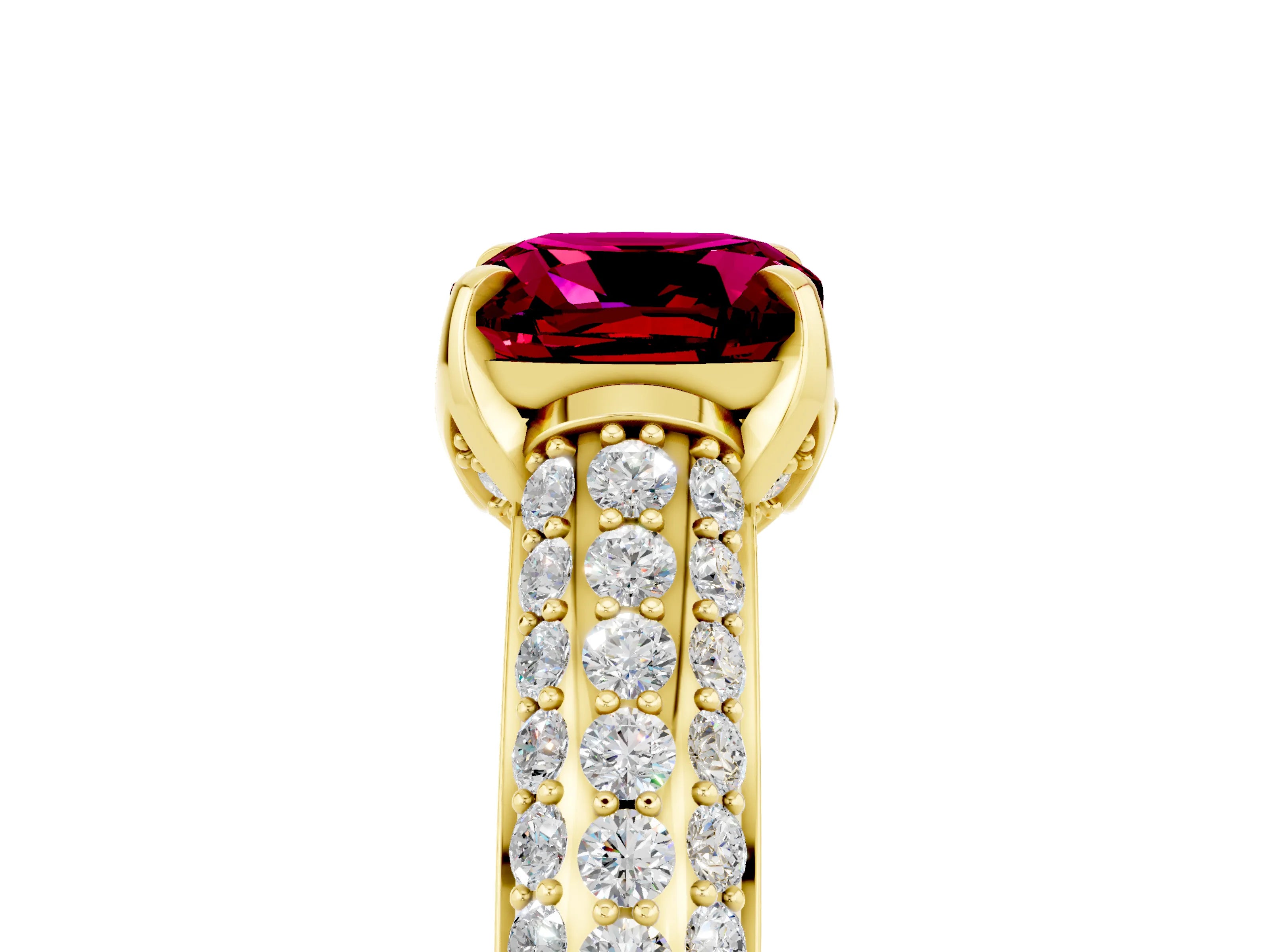 Yellow gold Cushion Cut Garnet Solitaire Ring with Three-Row Pavé Band and Four-Prong Setting_17
