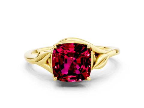 Yellow gold Cushion Cut Garnet Solitaire Ring with Twist Band and Four-Prong Setting_24
