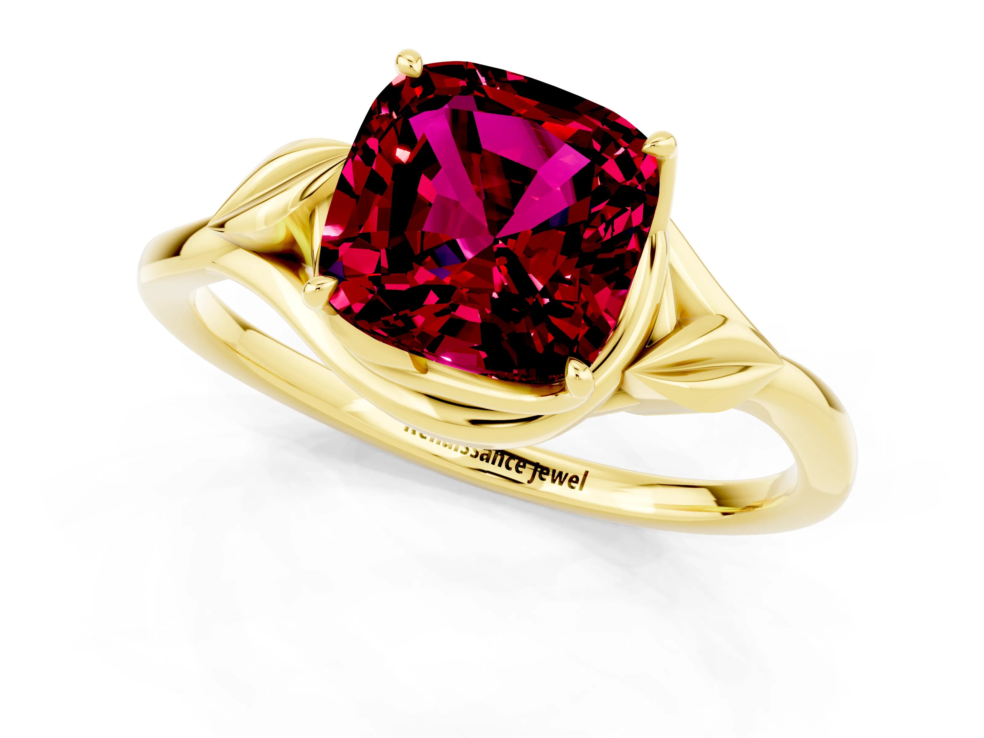 Yellow gold Cushion Cut Garnet Solitaire Ring with Twist Band and Four-Prong Setting_25