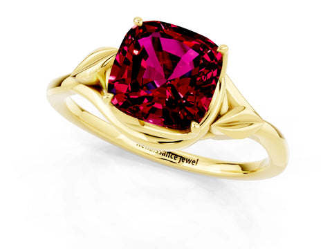 Yellow gold Cushion Cut Garnet Solitaire Ring with Twist Band and Four-Prong Setting_25