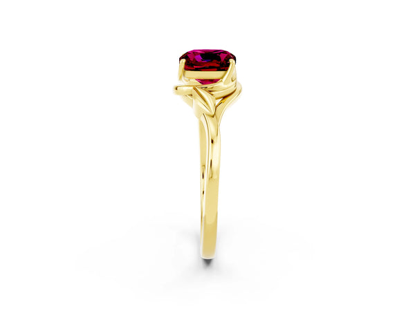 Yellow gold Cushion Cut Garnet Solitaire Ring with Twist Band and Four-Prong Setting