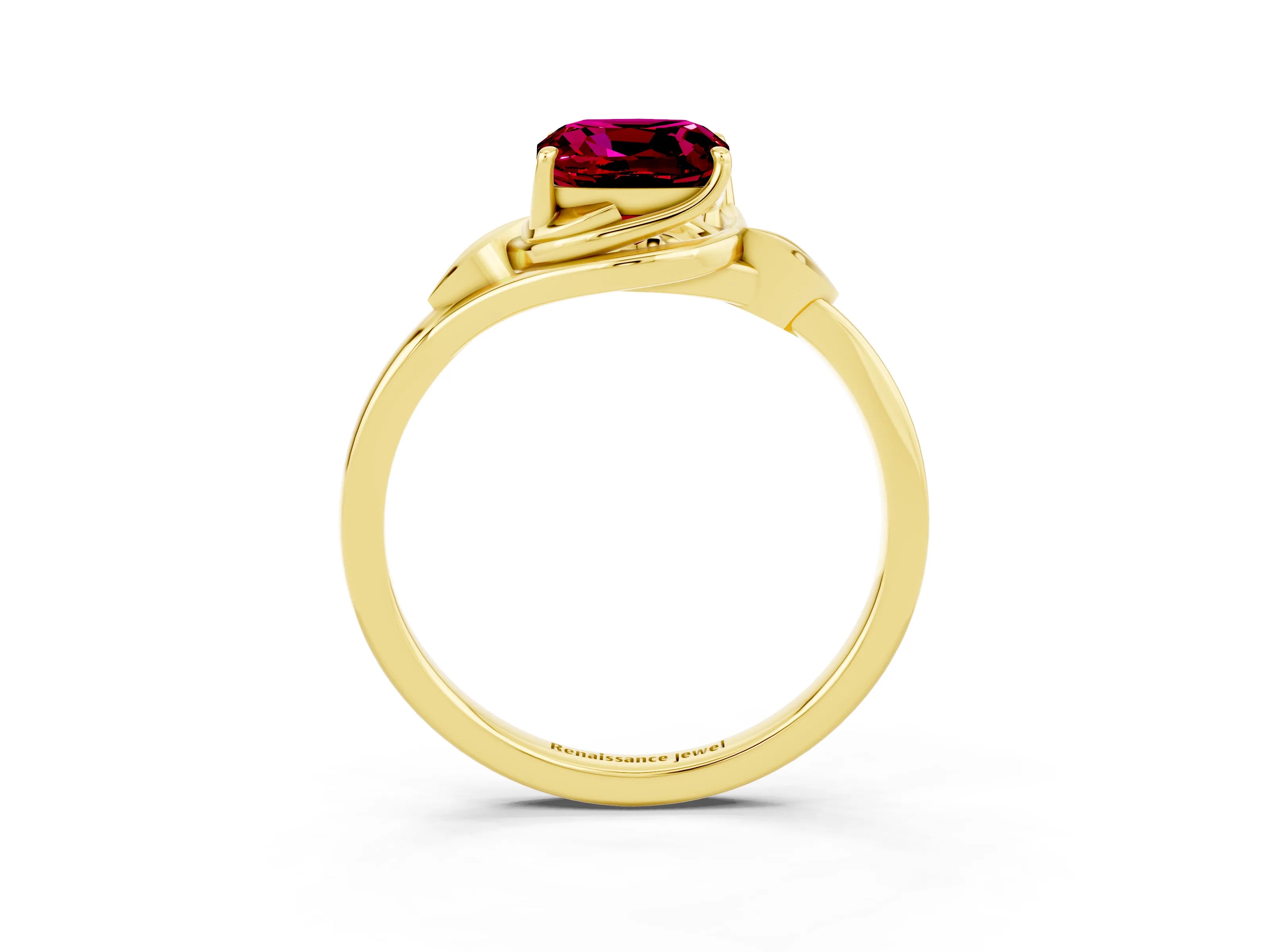 Yellow gold Cushion Cut Garnet Solitaire Ring with Twist Band and Four-Prong Setting_27