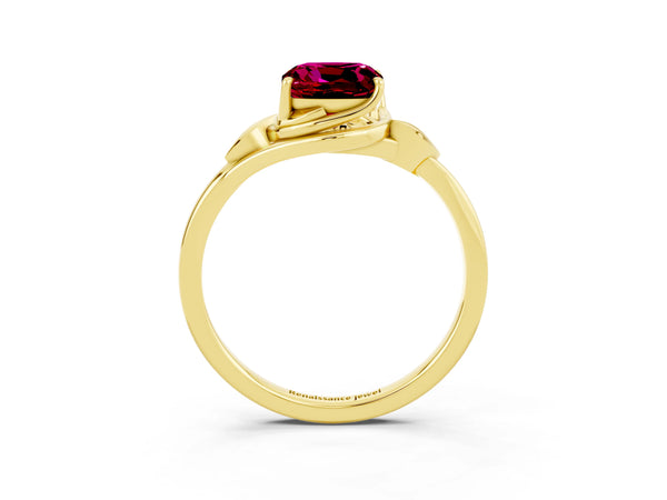 Yellow gold Cushion Cut Garnet Solitaire Ring with Twist Band and Four-Prong Setting