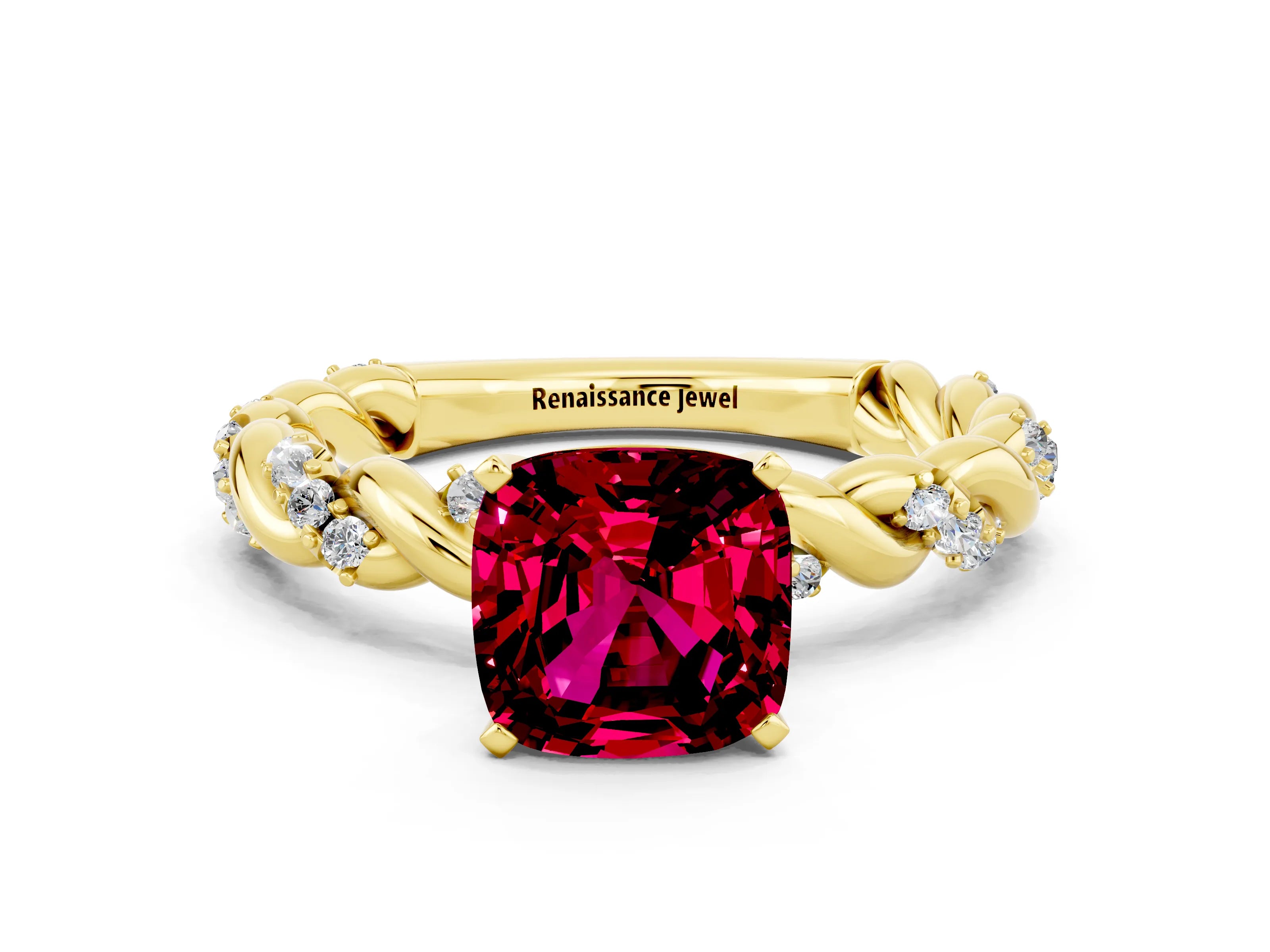 Yellow gold Cushion Cut Garnet Solitaire Ring with Twisted Band and Pavé Accents