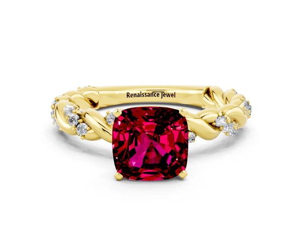 Yellow gold Cushion Cut Garnet Solitaire Ring with Twisted Band and Pavé Accents