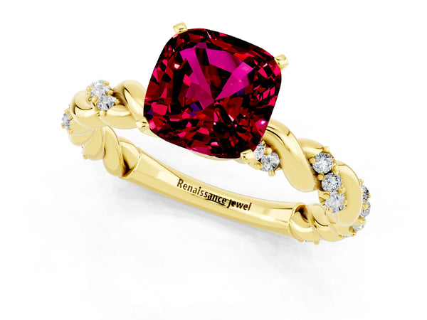 Yellow gold Cushion Cut Garnet Solitaire Ring with Twisted Band and Pavé Accents
