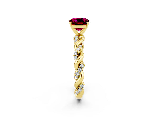 Yellow gold Cushion Cut Garnet Solitaire Ring with Twisted Band and Pavé Accents