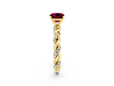 Yellow gold Cushion Cut Garnet Solitaire Ring with Twisted Band and Pavé Accents_2