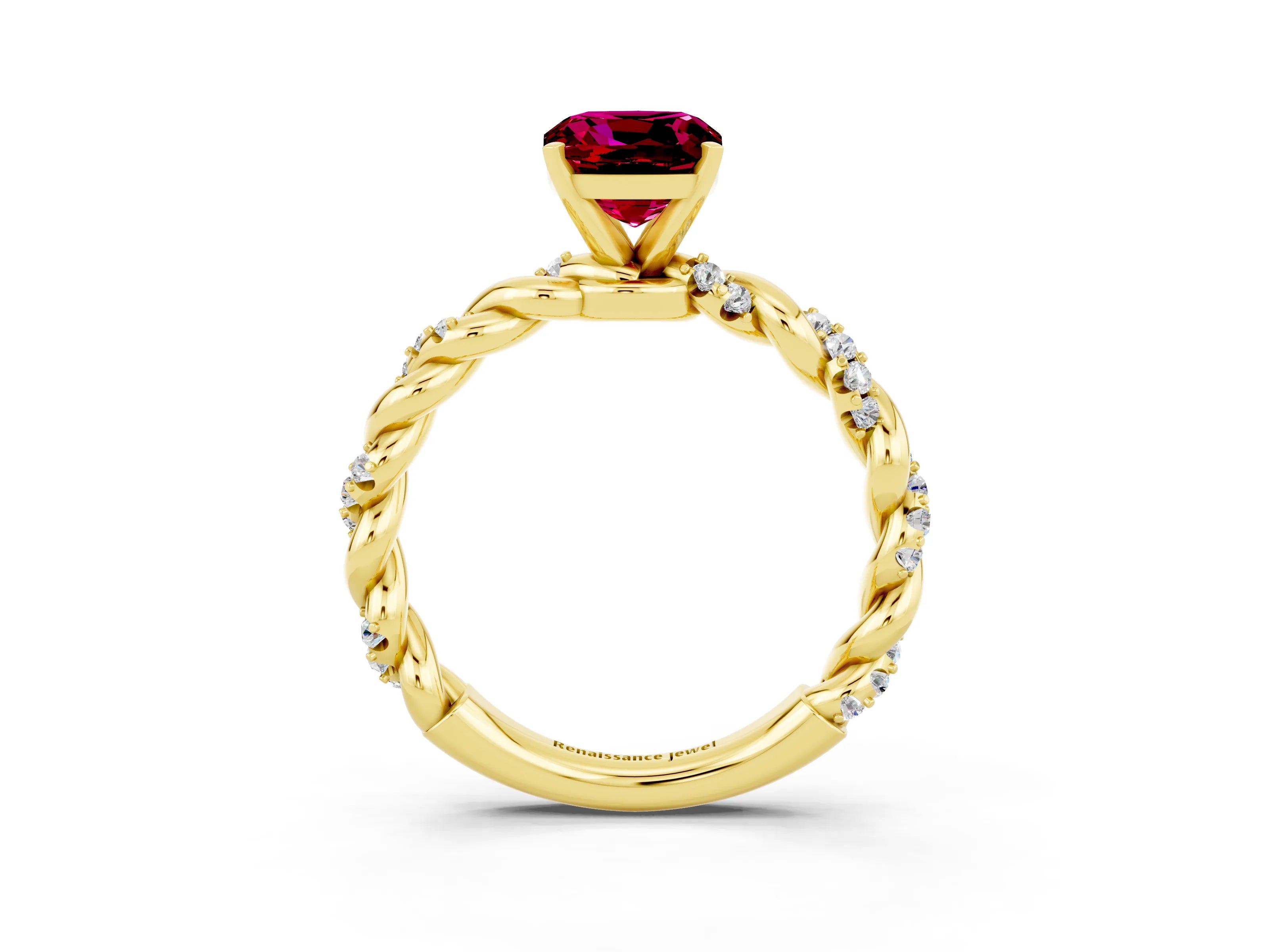 Yellow gold Cushion Cut Garnet Solitaire Ring with Twisted Band and Pavé Accents_3