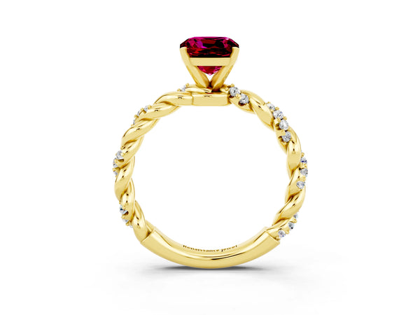 Yellow gold Cushion Cut Garnet Solitaire Ring with Twisted Band and Pavé Accents