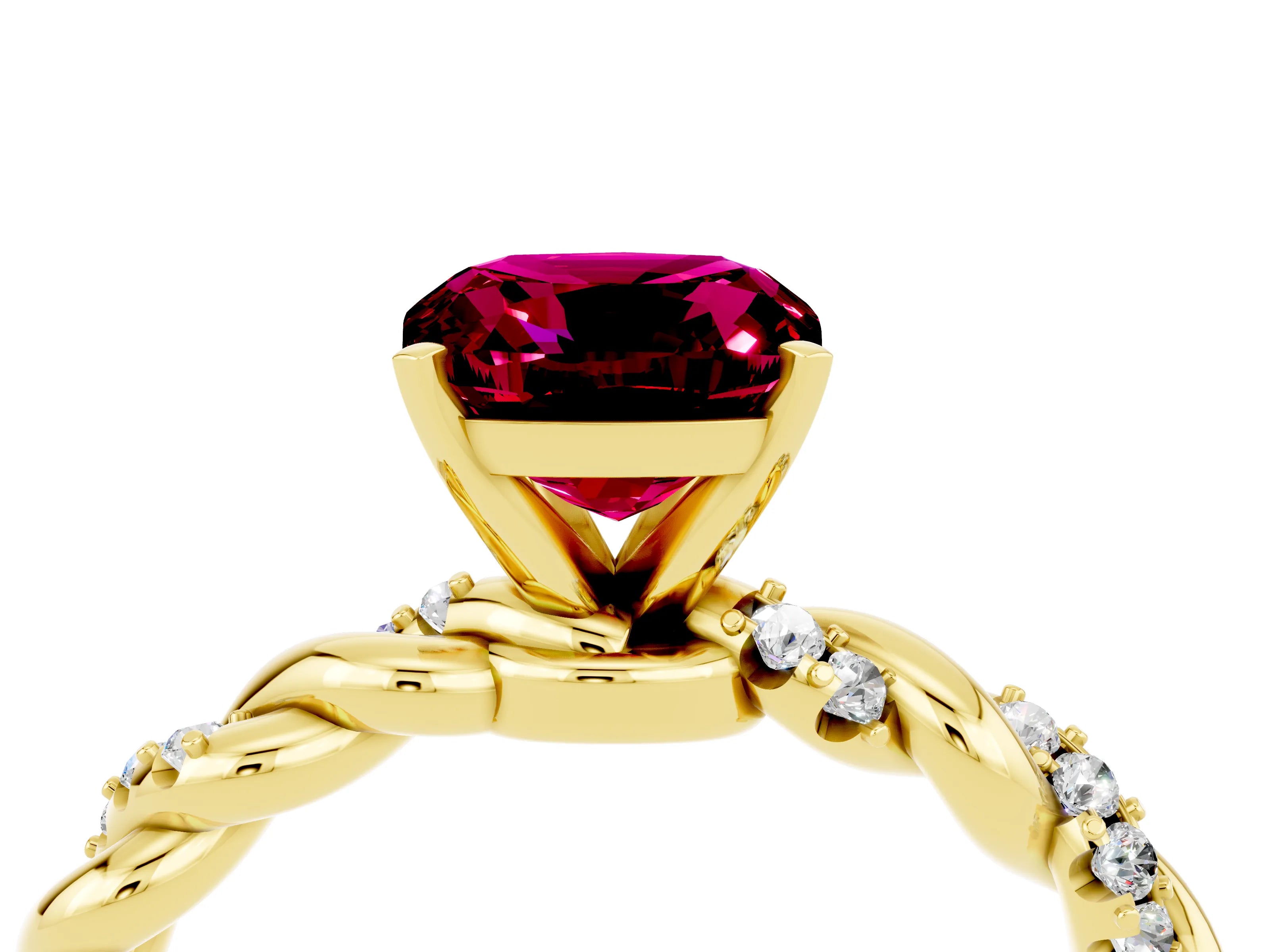 Yellow gold Cushion Cut Garnet Solitaire Ring with Twisted Band and Pavé Accents_4