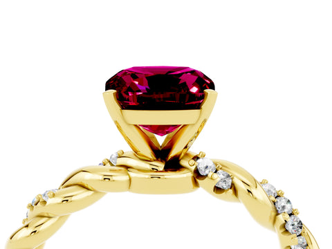 Yellow gold Cushion Cut Garnet Solitaire Ring with Twisted Band and Pavé Accents_4