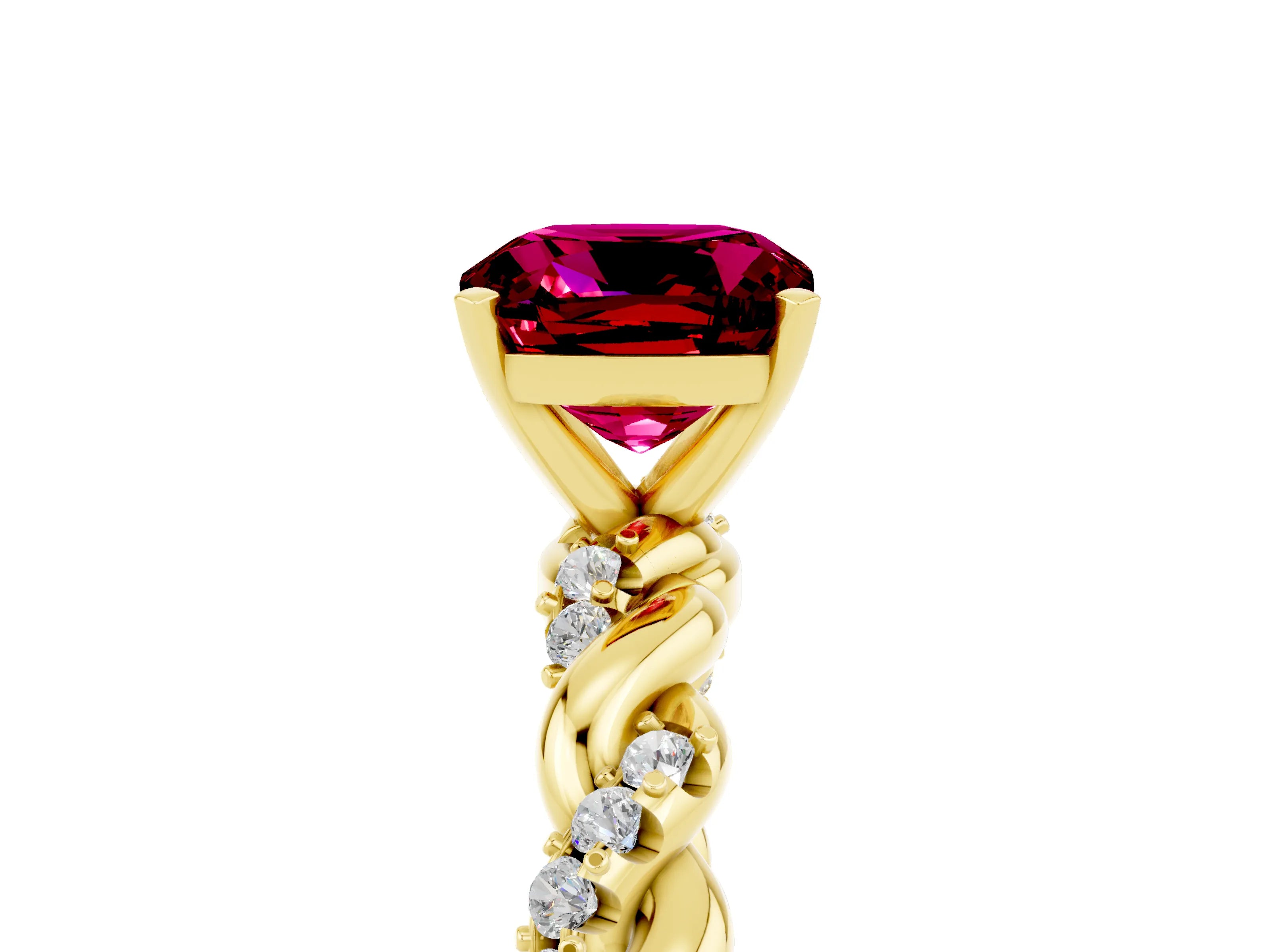 Yellow gold Cushion Cut Garnet Solitaire Ring with Twisted Band and Pavé Accents_5