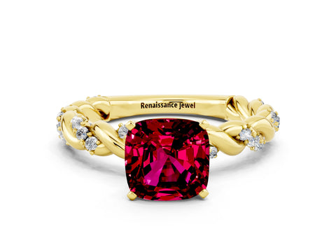 Yellow gold Cushion Cut Garnet Solitaire Ring with Twisted Band and Pavé Accents