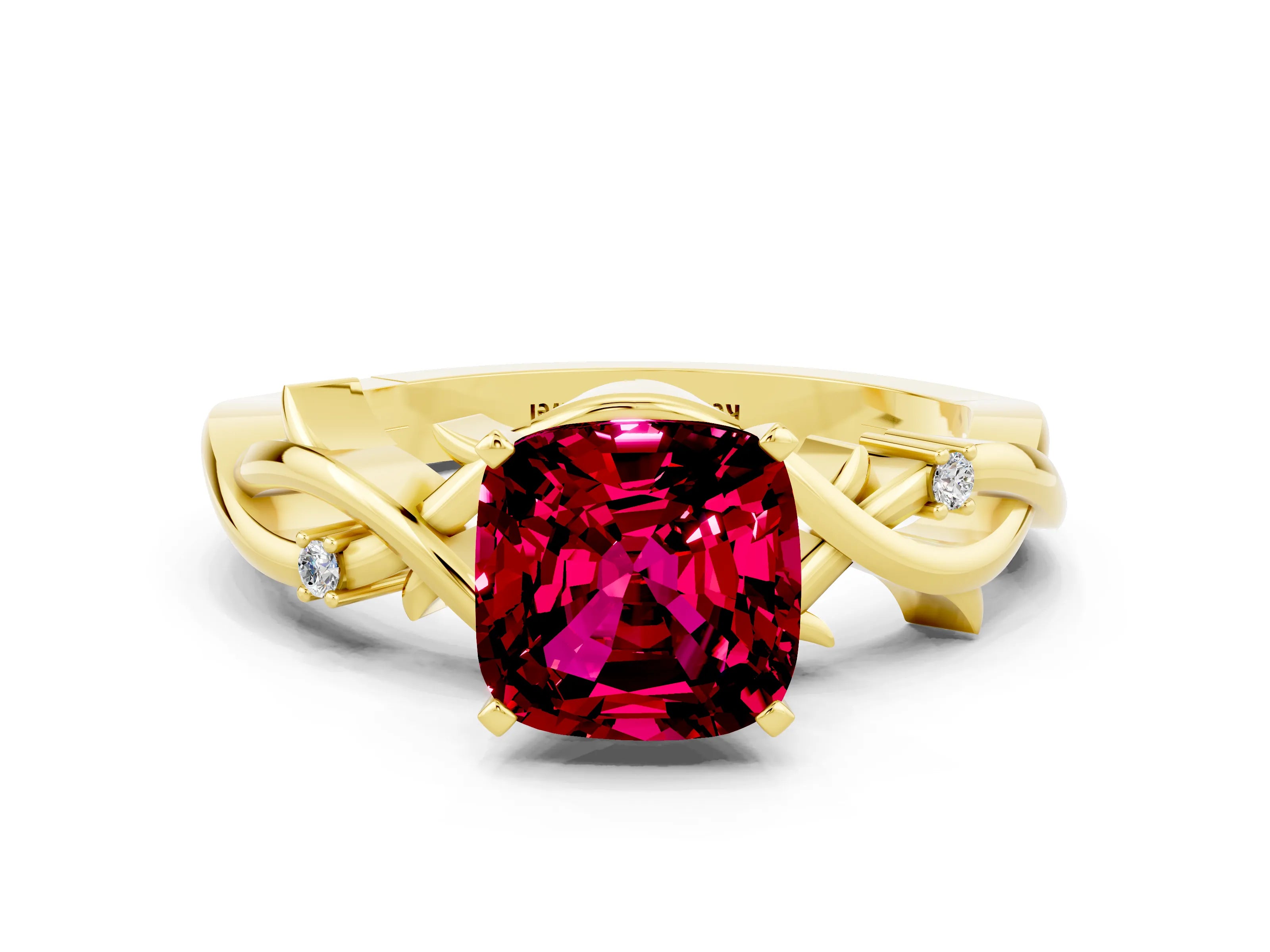 Yellow gold Cushion Cut Garnet Solitaire Ring with Twisted Band and Prong Setting