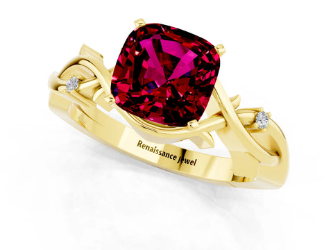 Yellow gold Cushion Cut Garnet Solitaire Ring with Twisted Band and Prong Setting_1