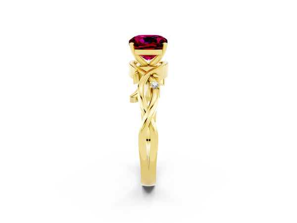 Yellow gold Cushion Cut Garnet Solitaire Ring with Twisted Band and Prong Setting
