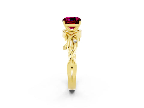 Yellow gold Cushion Cut Garnet Solitaire Ring with Twisted Band and Prong Setting_2