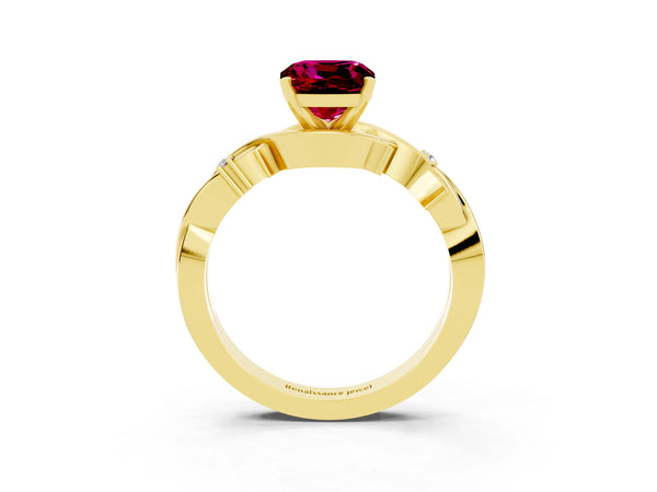 Yellow gold Cushion Cut Garnet Solitaire Ring with Twisted Band and Prong Setting