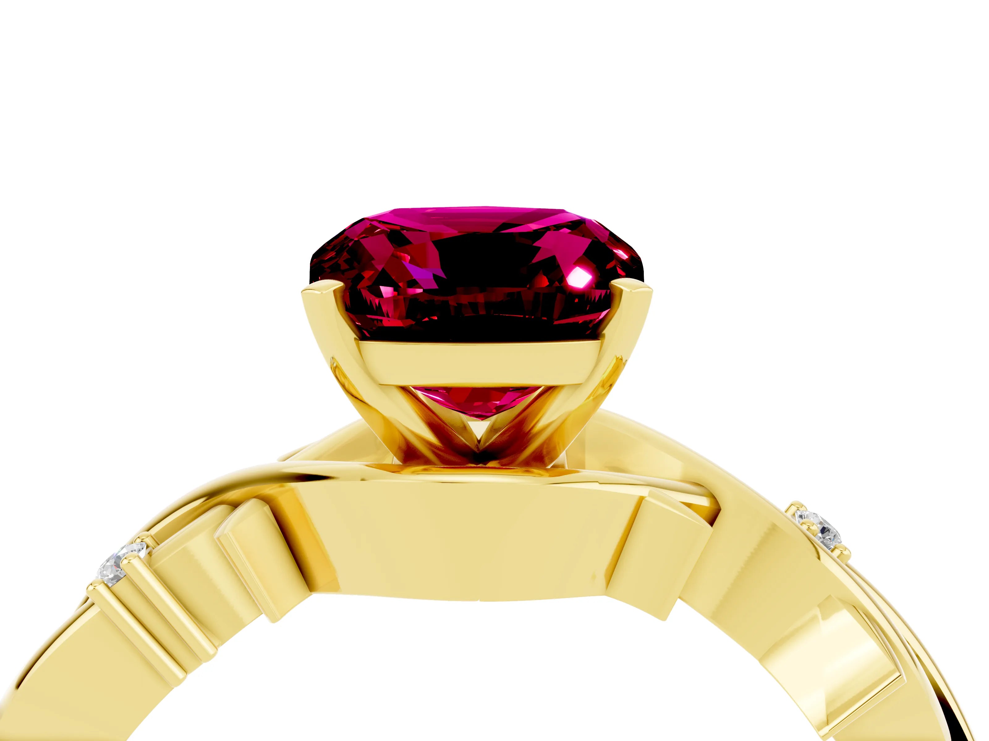 Yellow gold Cushion Cut Garnet Solitaire Ring with Twisted Band and Prong Setting_4