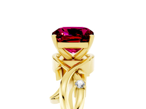 Yellow gold Cushion Cut Garnet Solitaire Ring with Twisted Band and Prong Setting_5