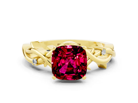 Yellow gold Cushion Cut Garnet Solitaire Ring with Twisted Band and Prong Setting
