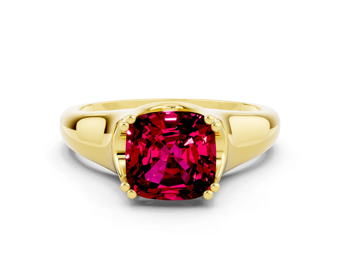 Yellow gold Cushion Cut Garnet Solitaire Ring with Wide Band and Prong Setting