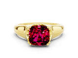 Yellow gold Cushion Cut Garnet Solitaire Ring with Wide Band and Prong Setting