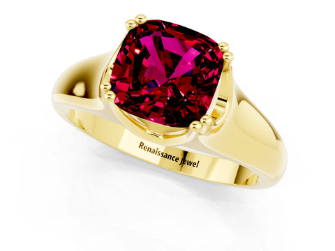 Yellow gold Cushion Cut Garnet Solitaire Ring with Wide Band and Prong Setting_1