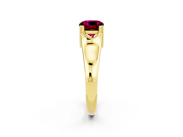 Yellow gold Cushion Cut Garnet Solitaire Ring with Wide Band and Prong Setting