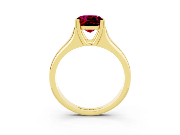 Yellow gold Cushion Cut Garnet Solitaire Ring with Wide Band and Prong Setting