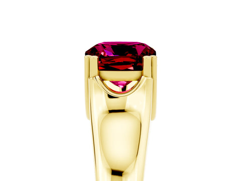Yellow gold Cushion Cut Garnet Solitaire Ring with Wide Band and Prong Setting_5