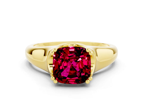 Yellow gold Cushion Cut Garnet Solitaire Ring with Wide Band and Prong Setting