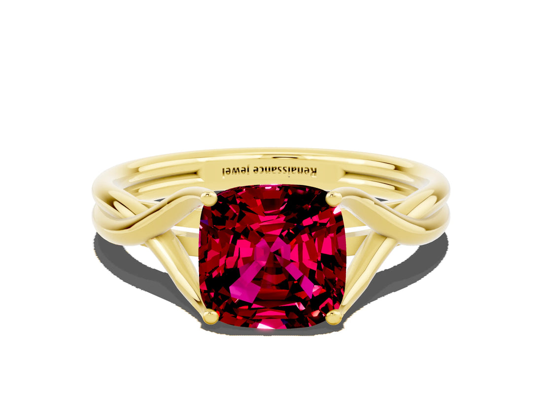 Yellow gold Cushion Cut Garnet Solitaire Twist Band Prong Setting Ring_59