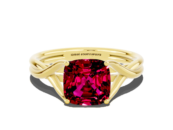 Yellow gold Cushion Cut Garnet Solitaire Twist Band Prong Setting Ring