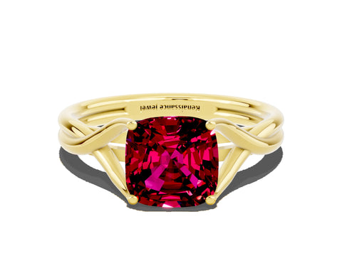 Yellow gold Cushion Cut Garnet Solitaire Twist Band Prong Setting Ring_59