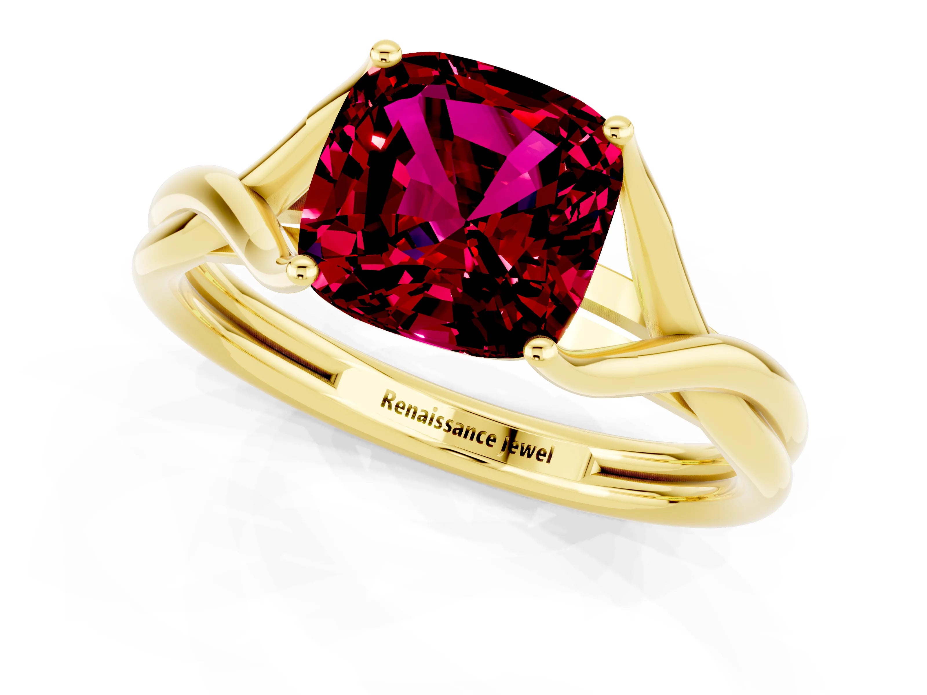 Yellow gold Cushion Cut Garnet Solitaire Twist Band Prong Setting Ring_60