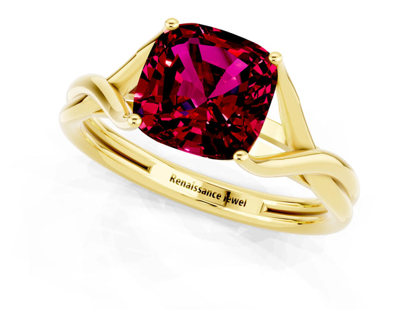 Yellow gold Cushion Cut Garnet Solitaire Twist Band Prong Setting Ring