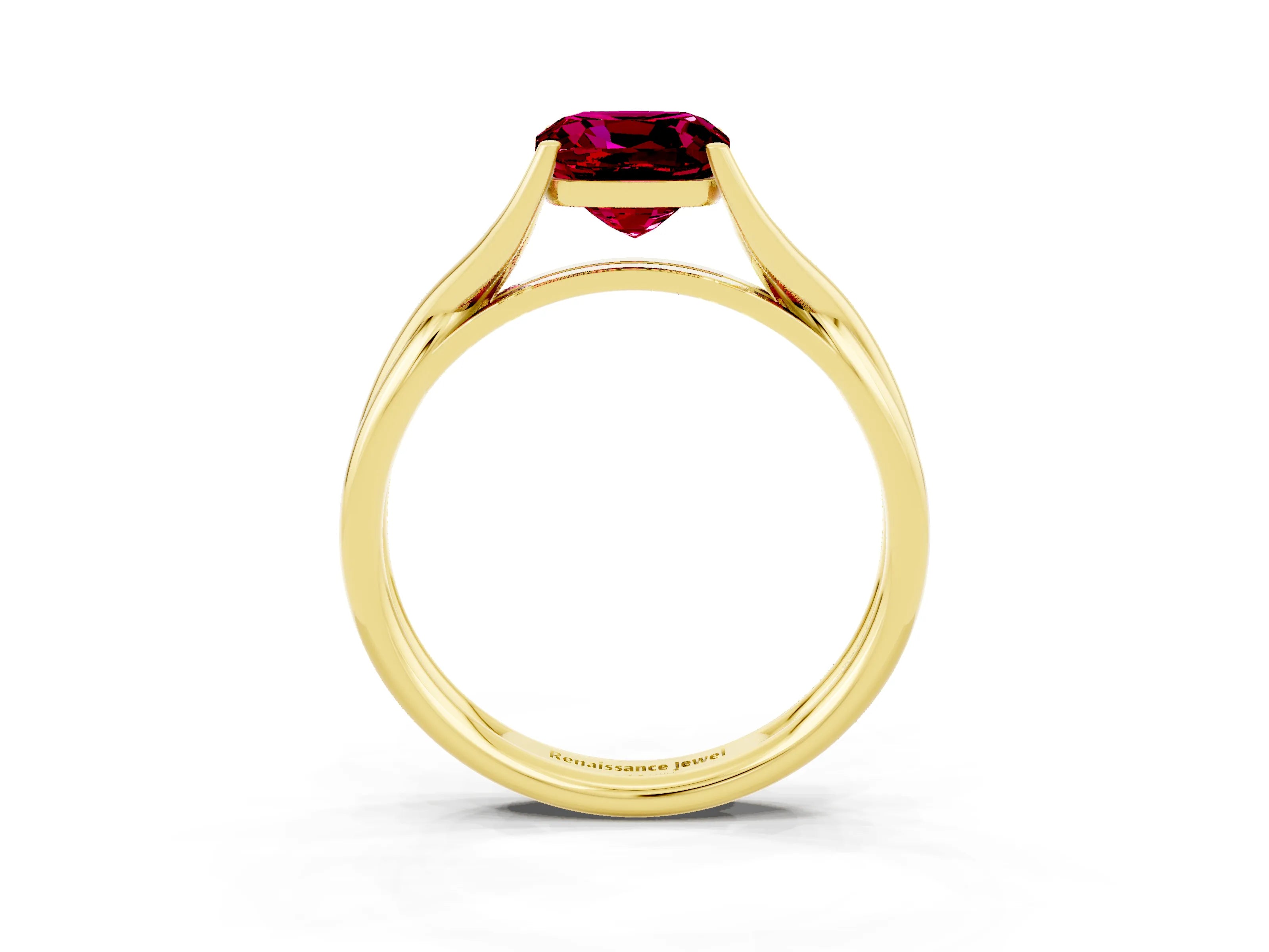 Yellow gold Cushion Cut Garnet Solitaire Twist Band Prong Setting Ring_62