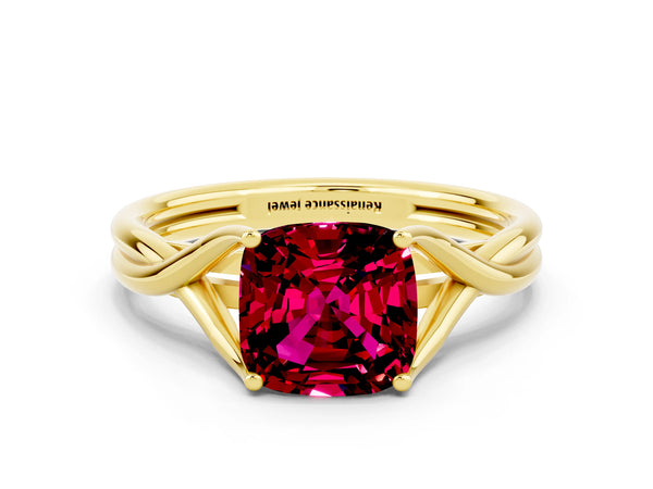 Yellow gold Cushion Cut Garnet Solitaire Twist Band Prong Setting Ring