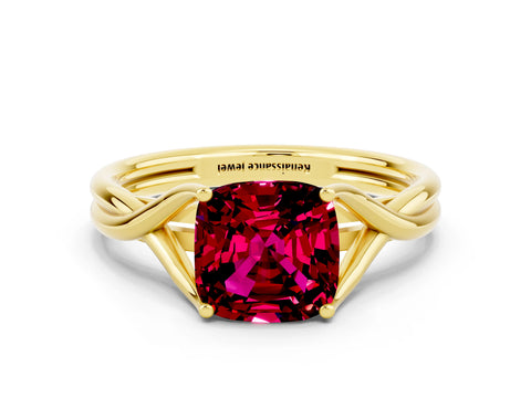 Yellow gold Cushion Cut Garnet Solitaire Twist Band Prong Setting Ring_71