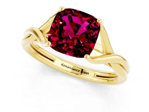 Yellow gold Cushion Cut Garnet Solitaire Twist Band Prong Setting Ring_72