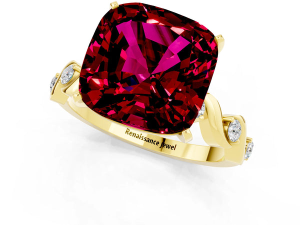 Yellow gold Cushion Cut Garnet Solitaire Twisted Band with Round  Accents and Prong Setting