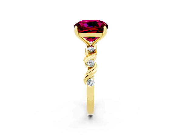 Yellow gold Cushion Cut Garnet Solitaire Twisted Band with Round  Accents and Prong Setting