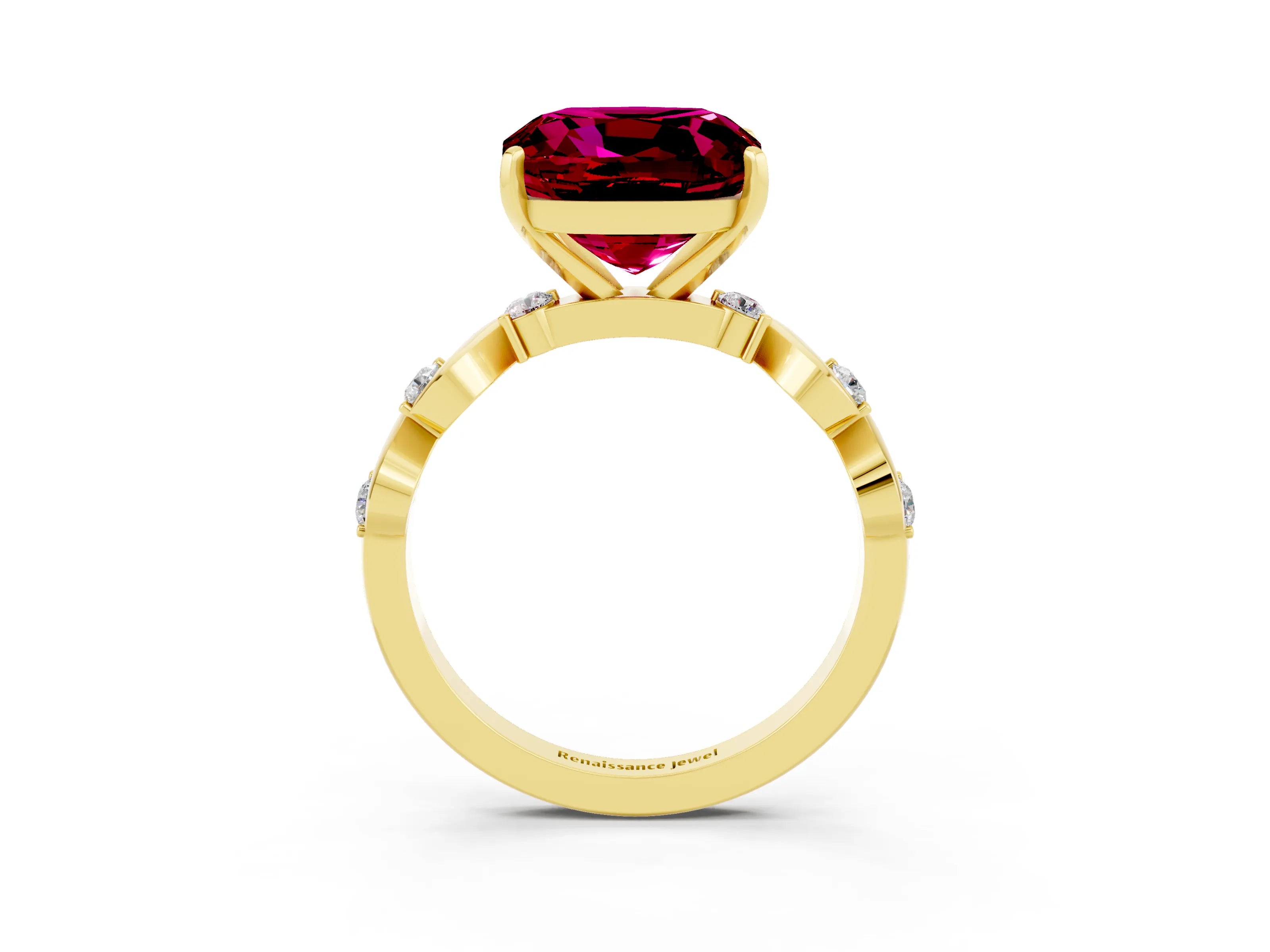 Yellow gold Cushion Cut Garnet Solitaire Twisted Band with Round  Accents and Prong Setting_15