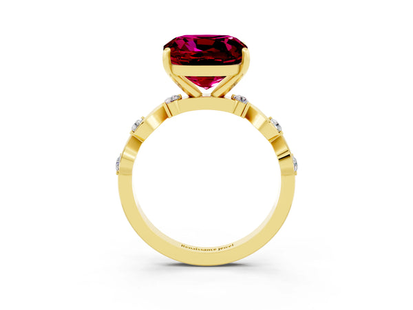 Yellow gold Cushion Cut Garnet Solitaire Twisted Band with Round  Accents and Prong Setting